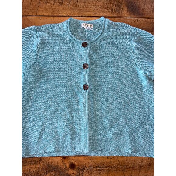 Womens Orvis Blue Cotton Blend Cardigan‎ Sweater Wooden Buttons 60s Style XL - Picture 1 of 7